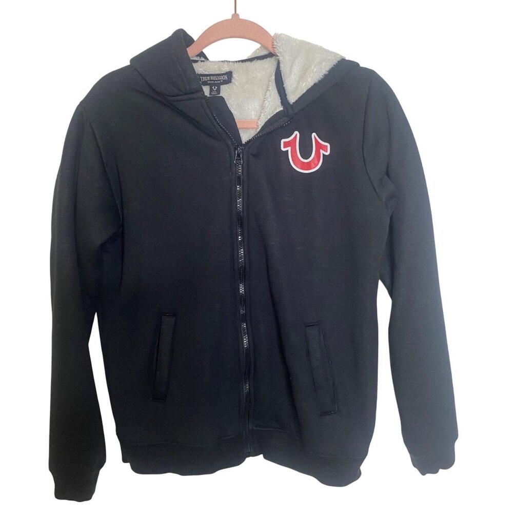 True Religion Hoodie Jacket Womens L 14-16 Black Sherpa Lined Zip-Up‎